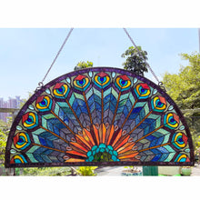 Load image into Gallery viewer, 1P046-BP35GPN RADIANCE goods Tiffany-style Peacock Feather Glass Window Panel 35"x18"