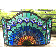 Load image into Gallery viewer, RADIANCE goods Peacock 3pcs Folding Stained Glass Fireplace Screen 48" Wide