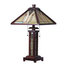 Load image into Gallery viewer, RADIANCE goods Mission-Style 3 Light Double Lit Wooden Table Lamp 15" Shade