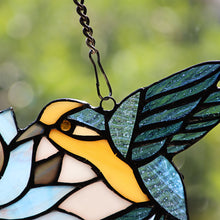 Load image into Gallery viewer, RADIANCE goods Tiffany-style Blue Animal/Floral Design Window Panel 17" x 7.75"