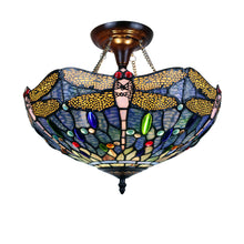 Load image into Gallery viewer, RADIANCE goods Dragonfly Tiffany-Style Dark Bronze 2 Light Semi-Flush Ceiling Fixture 16" Wide