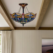 Load image into Gallery viewer, RADIANCE goods Dragonfly Tiffany-Style Dark Bronze 2 Light Semi-Flush Ceiling Fixture 16" Wide