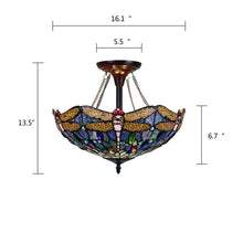Load image into Gallery viewer, RADIANCE goods Dragonfly Tiffany-Style Dark Bronze 2 Light Semi-Flush Ceiling Fixture 16" Wide