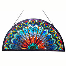 Load image into Gallery viewer, RADIANCE goods Tiffany-style Peacock Feather Glass Window Panel 35&quot;x18&quot;
