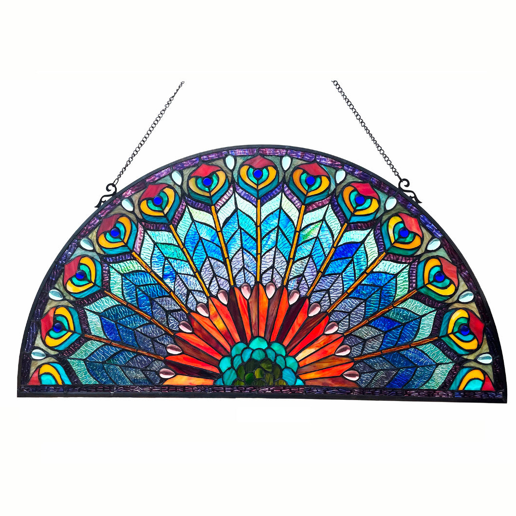 RADIANCE goods Tiffany-style Peacock Feather Glass Window Panel 35