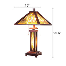Load image into Gallery viewer, RADIANCE goods Mission-Style 3 Light Double Lit Wooden Table Lamp 15&quot; Shade
