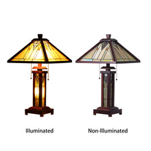 Load image into Gallery viewer, RADIANCE goods Mission-Style 3 Light Double Lit Wooden Table Lamp 15&quot; Shade
