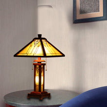 Load image into Gallery viewer, RADIANCE goods Mission-Style 3 Light Double Lit Wooden Table Lamp 15&quot; Shade
