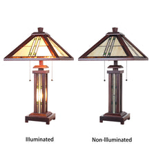 Load image into Gallery viewer, RADIANCE goods Mission-Style 3 Light Double Lit Wooden Table Lamp 15&quot; Shade
