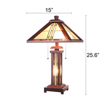 Load image into Gallery viewer, RADIANCE goods Mission-Style 3 Light Double Lit Wooden Table Lamp 15&quot; Shade
