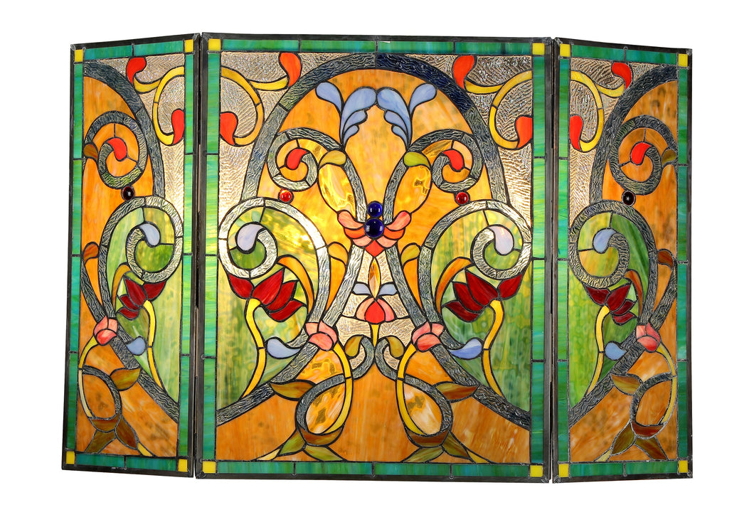 RADIANCE goods Victorian 3pcs Folding Stained Glass Fireplace Screen 44x28