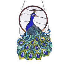 Load image into Gallery viewer, RADIANCE goods Peacock Stained Glass Window Panel 23.8&quot;x15.4&quot;
