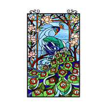 Load image into Gallery viewer, RADIANCE goods Tiffany-Style Peacock Stained Glass Verical Hanging Window Panel 32&quot; Tall
