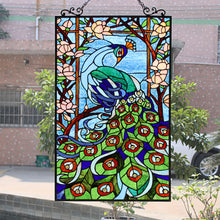 Load image into Gallery viewer, RADIANCE goods Tiffany-Style Peacock Stained Glass Verical Hanging Window Panel 32&quot; Tall
